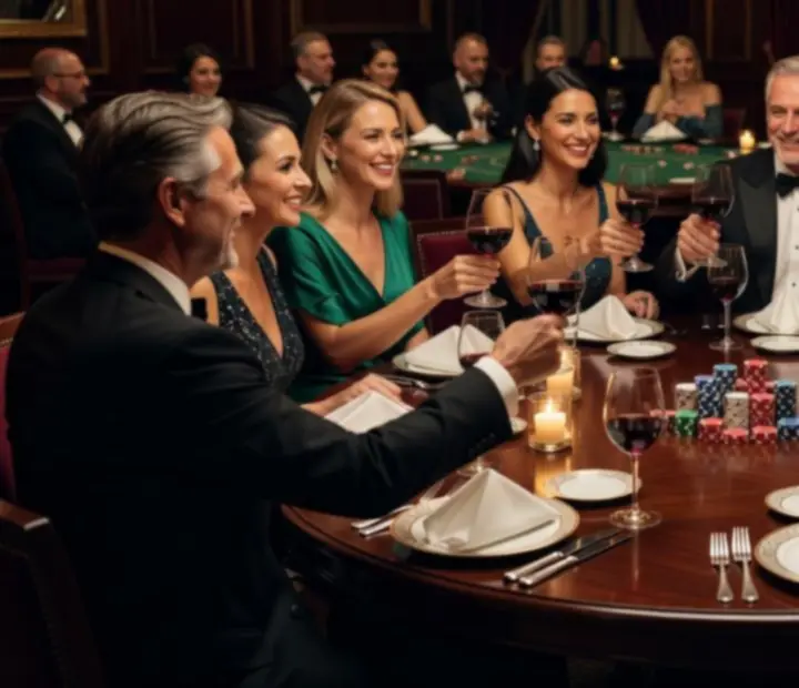 Convives élégants dégustant du vin autour d'une table de poker dans un restaurant