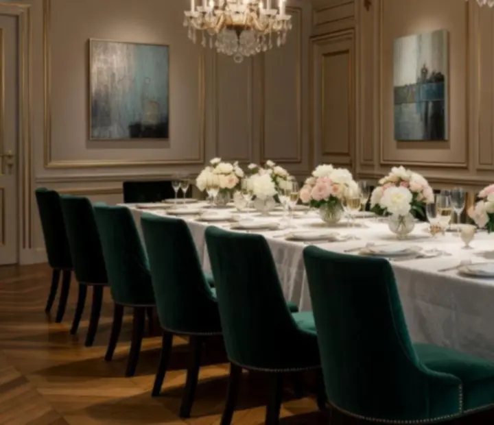 Salon privatif élégant prêt à accueillir une réception gastronomique.