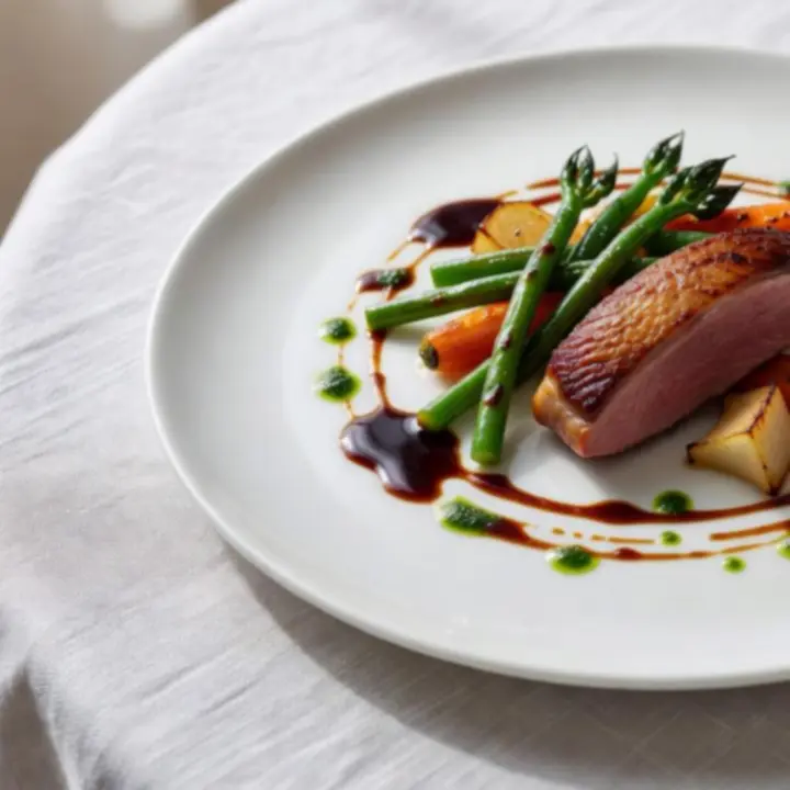 Assiette gastronomique française dressée avec précision.