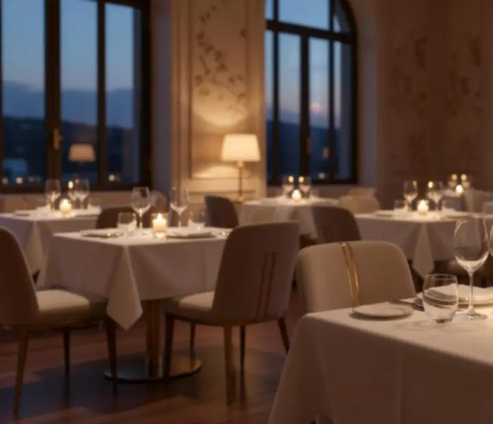 Intérieur cinématographique du restaurant, tables dressées et lumière tamisée.
