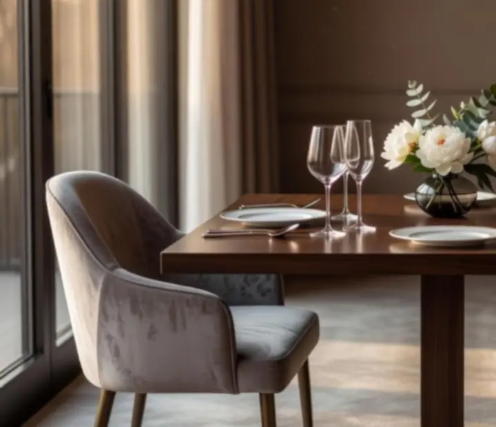 Salle du restaurant à l’ambiance élégante, tables dressées à la bougie.