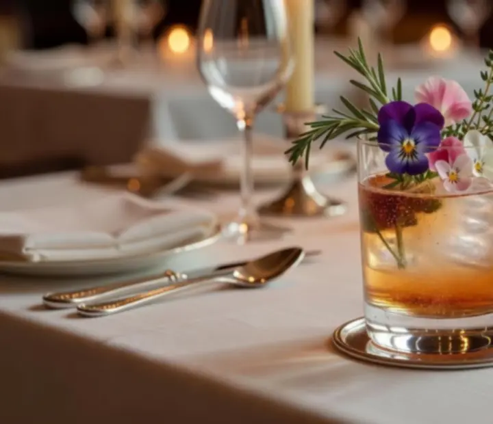 Présentation luxueuse d’un cocktail dans une verrerie raffinée avec garnitures artistiques