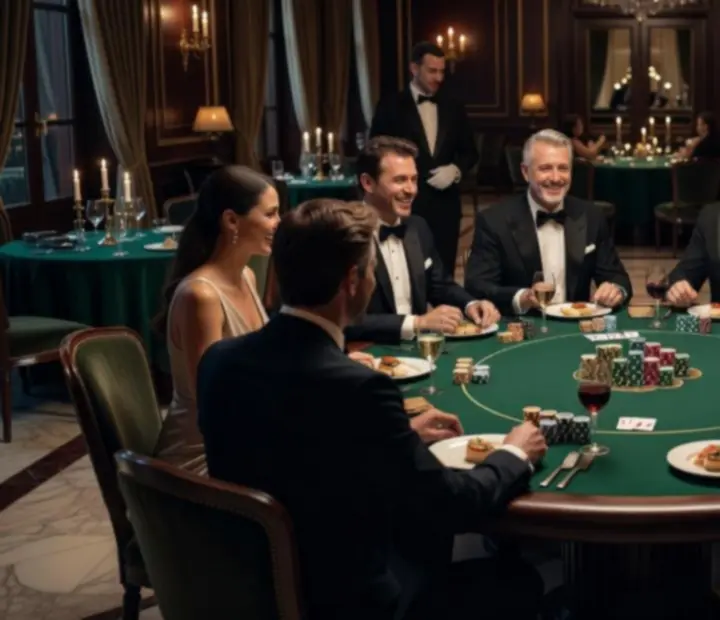 Table de poker élégante dans un restaurant gastronomique, ambiance feutrée et convives raffinés.