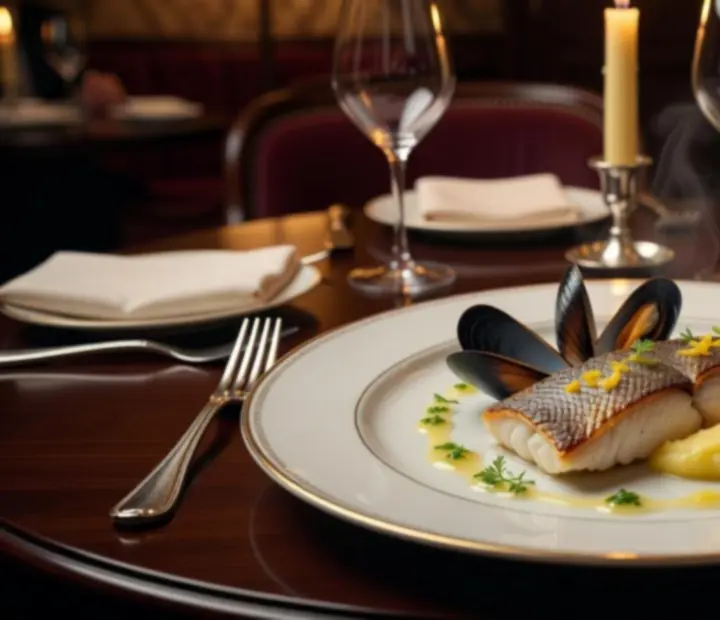 Assiette gastronomique autour d'un poisson délicatement dressé