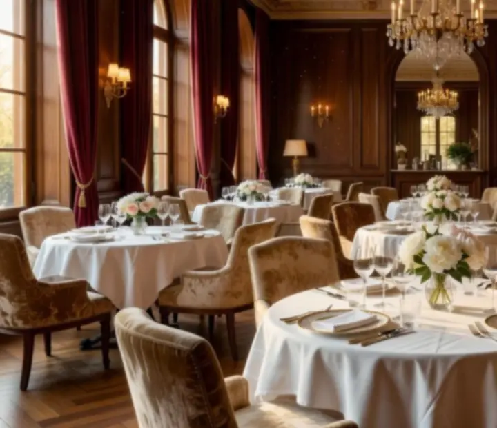 Salle de restaurant gastronomique élégamment dressée pour le dîner.