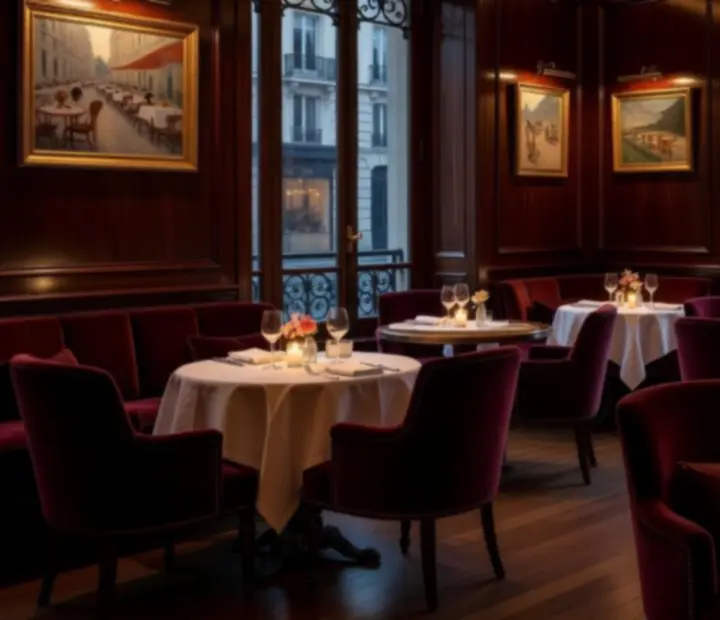 Intérieur de restaurant contemporain, boiseries fines, tables en cristal et lumière tamisée.