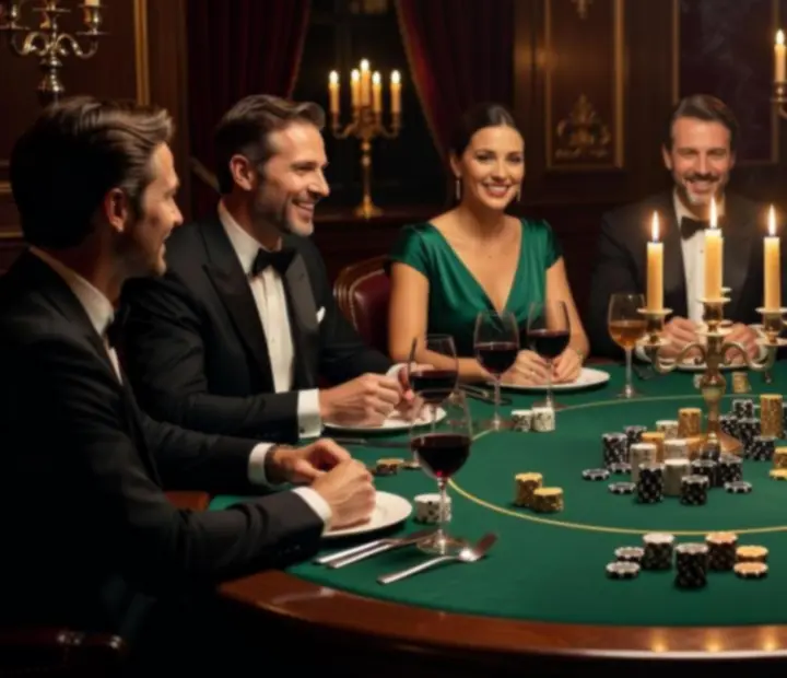 Invités élégants profitant d’une soirée poker dans un restaurant gastronomique.