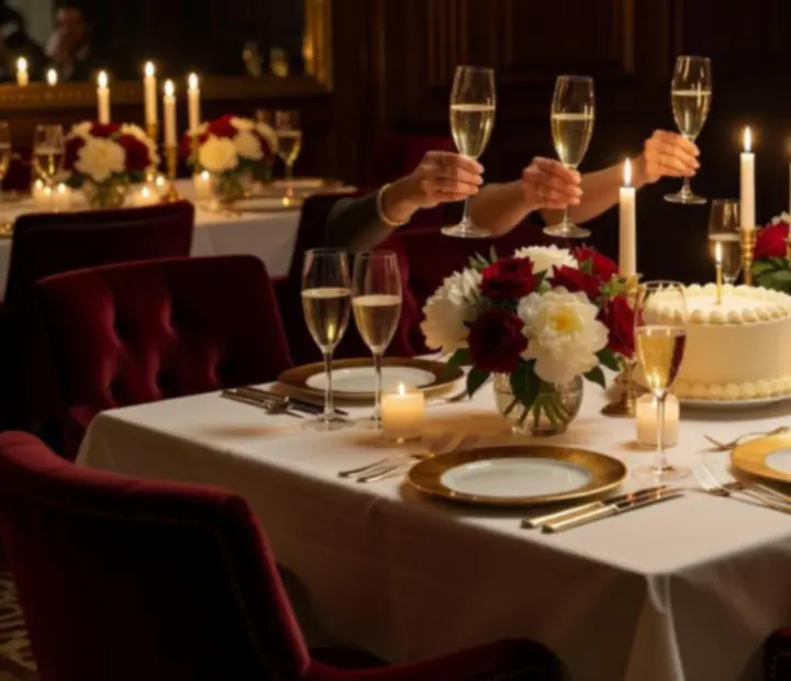 Table d'anniversaire élégamment dressée avec bougies et verrerie raffinée.