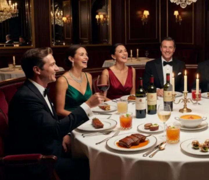 Invités VIP profitant d'un dîner gastronomique dans une ambiance feutrée.