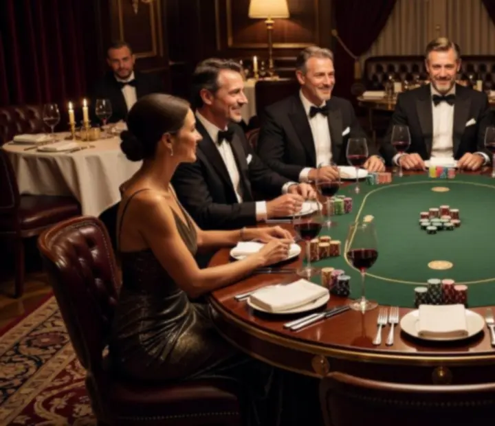 Soirée poker privée dans un salon feutré du restaurant avec table élégamment dressée.
